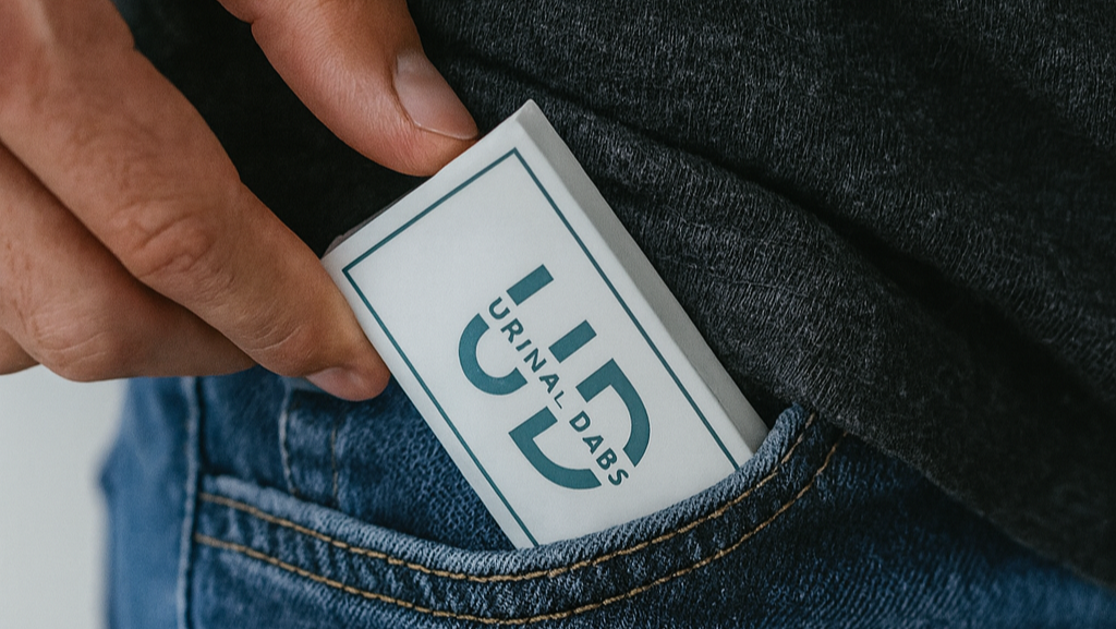 Hand in a jean pocket removing Urinal Dabs water-soluble hygiene sheet booklet for men