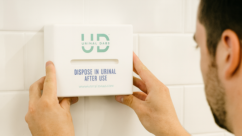 Installer mounts Urinal Dabs dispenser for men’s restroom hygiene