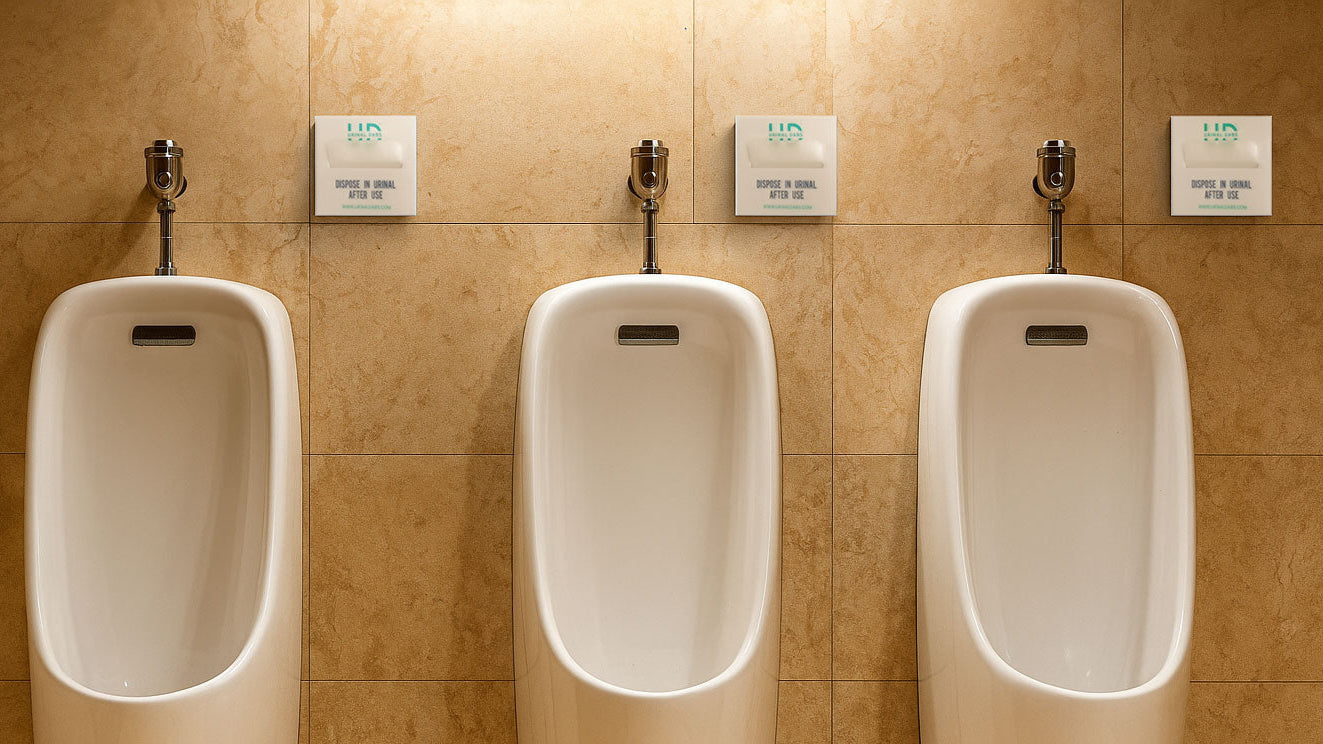 Wall-mounted Urinal Dabs dispenser for men’s restroom hygiene