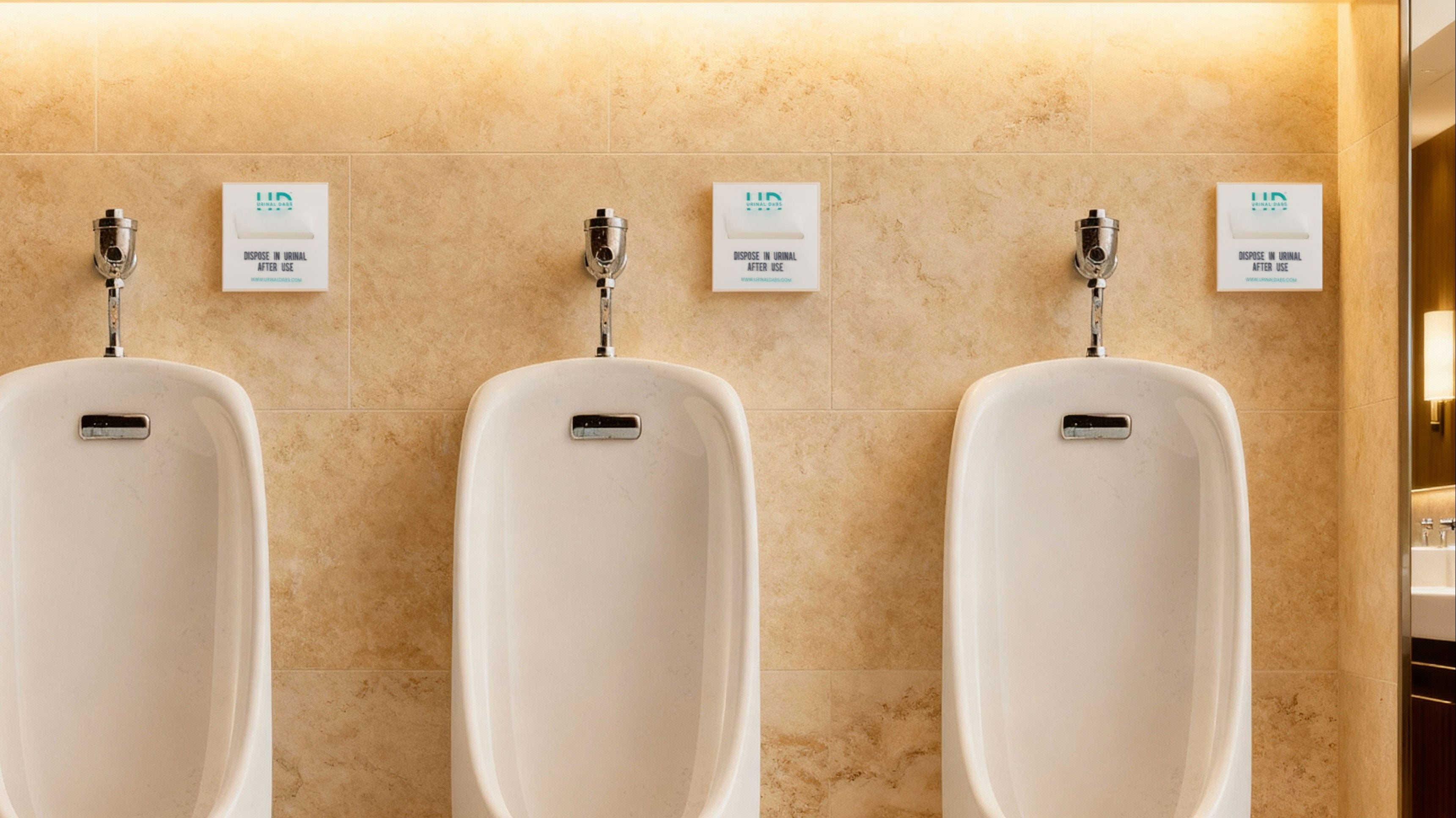 Wall-mounted Urinal Dabs dispenser for men’s restroom hygiene