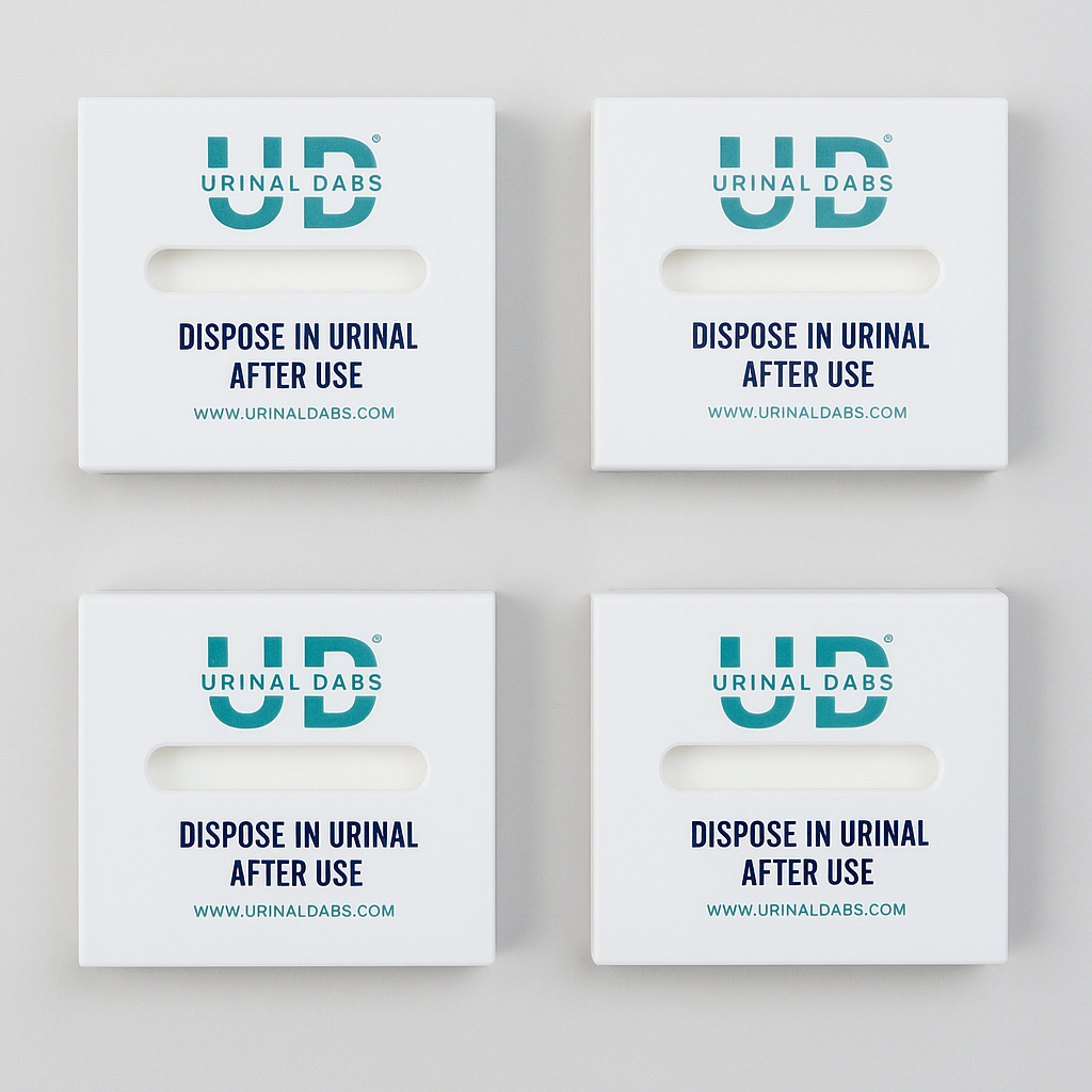 Four Urinal Dabs wall mount dispensers for men’s restroom hygiene